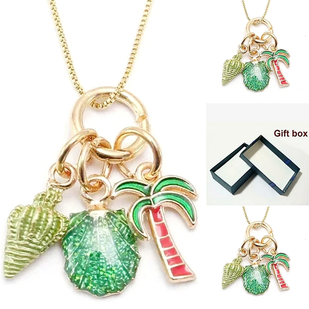 Gold green seashell Palm tree charm necklace